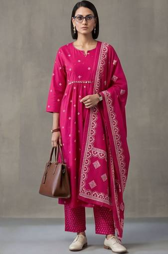 floral embroidered a-line cotton kurta & trousers sets