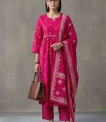 floral embroidered a-line cotton kurta & trousers sets