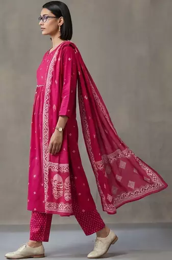 floral embroidered a-line cotton kurta & trousers sets