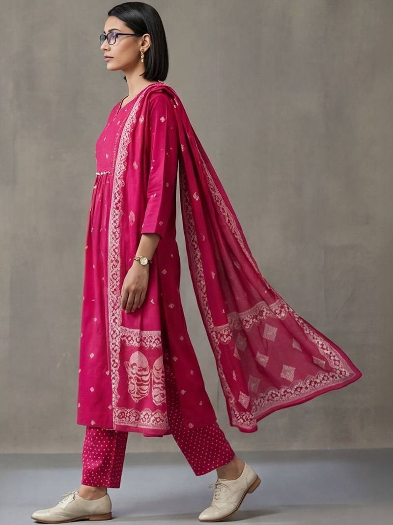 floral embroidered a-line cotton kurta & trousers sets