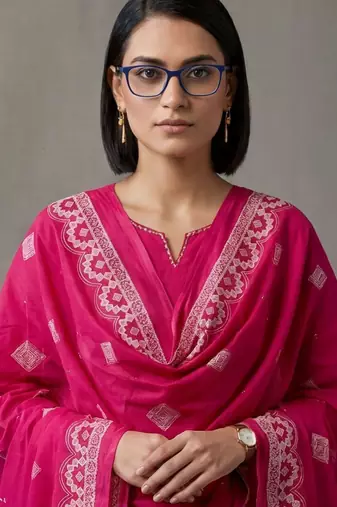 floral embroidered a-line cotton kurta & trousers sets