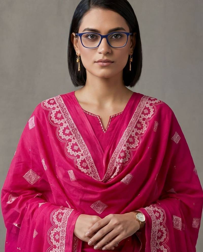 floral embroidered a-line cotton kurta & trousers sets