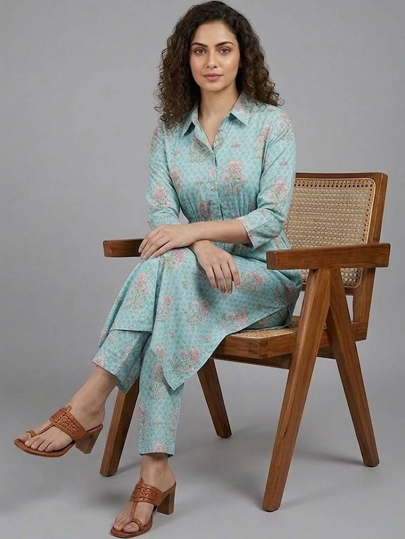 smart women floral printed regular kurta with trousers