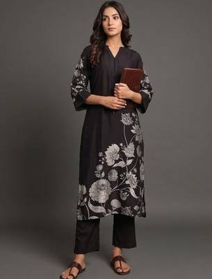 office-wear women floral printed regular chanderi silk kurta with trousers 1