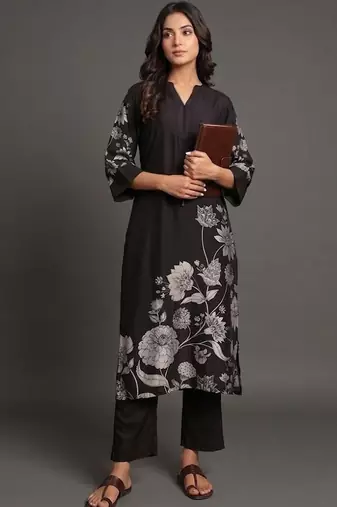 office-wear women floral printed regular chanderi silk kurta with trousers