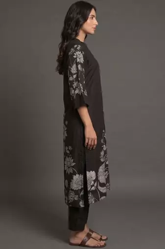 office-wear women floral printed regular chanderi silk kurta with trousers