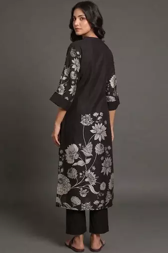 office-wear women floral printed regular chanderi silk kurta with trousers