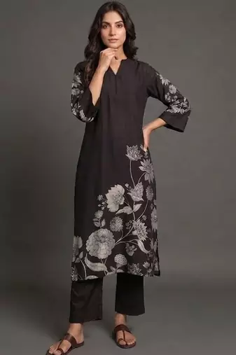 office-wear women floral printed regular chanderi silk kurta with trousers
