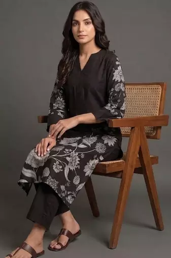 office-wear women floral printed regular chanderi silk kurta with trousers