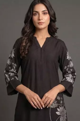 office-wear women floral printed regular chanderi silk kurta with trousers