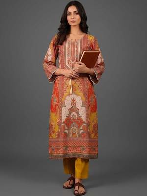 tailored women ethnic motifs printed regular chanderi silk kurta with trousers 1