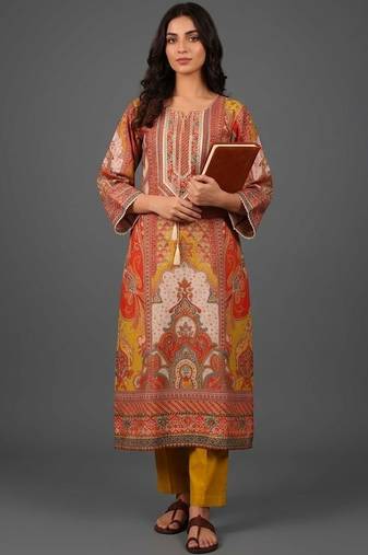 tailored women ethnic motifs printed regular chanderi silk kurta with trousers