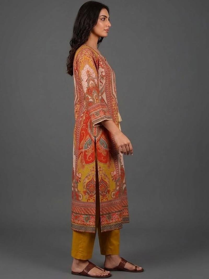 tailored women ethnic motifs printed regular chanderi silk kurta with trousers