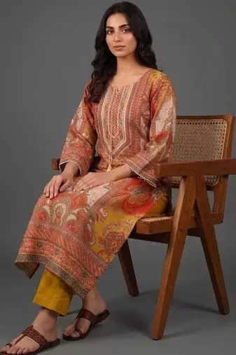 tailored women ethnic motifs printed regular chanderi silk kurta with trousers
