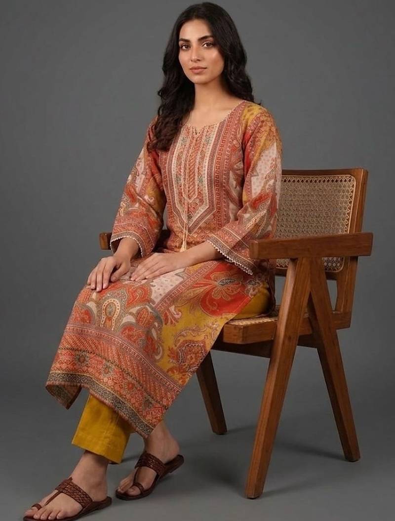 tailored women ethnic motifs printed regular chanderi silk kurta with trousers