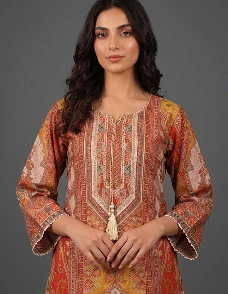tailored women ethnic motifs printed regular chanderi silk kurta with trousers