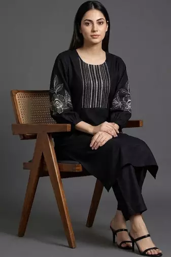 structured workwear women ethnic motifs embroidered regular thread work kurta with palazzos