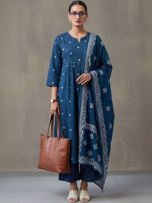 floral embroidered a-line cotton kurta & trousers sets 1