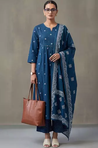 floral embroidered a-line cotton kurta & trousers sets