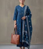 floral embroidered a-line cotton kurta & trousers sets