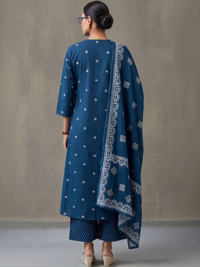 floral embroidered a-line cotton kurta & trousers sets