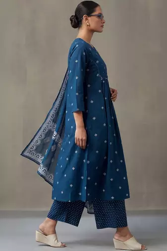 floral embroidered a-line cotton kurta & trousers sets