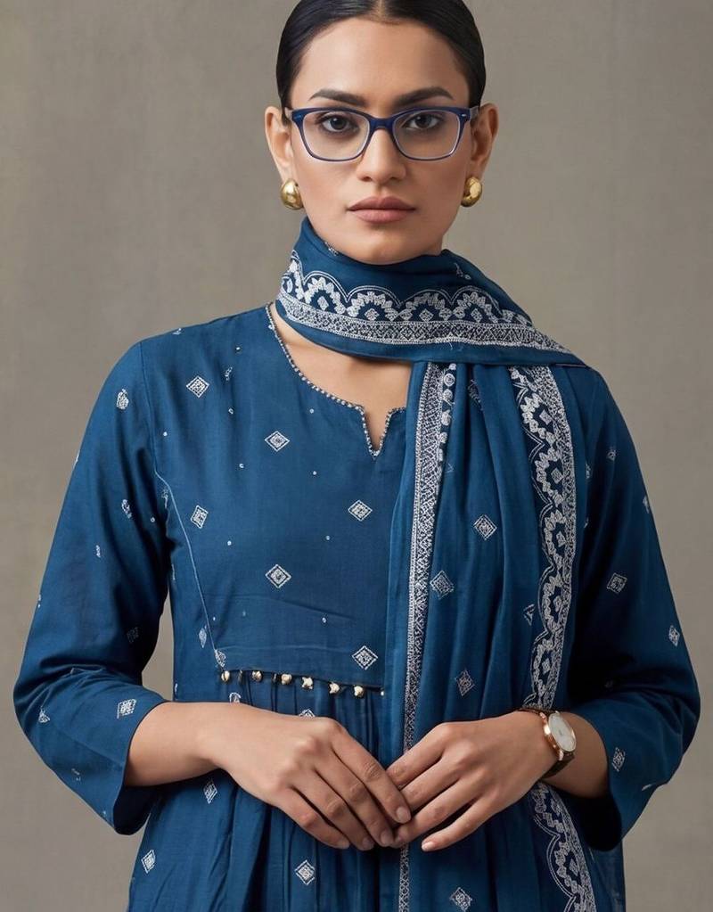floral embroidered a-line cotton kurta & trousers sets
