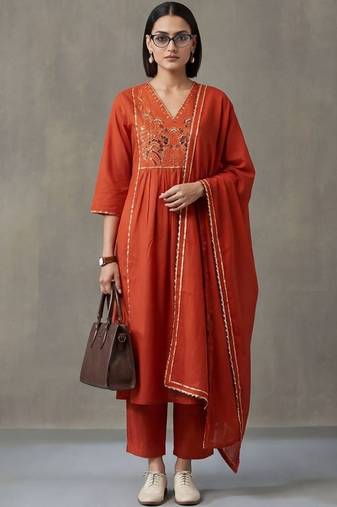 floral embroidered a-line cotton kurta & trousers sets