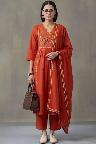 floral embroidered a-line cotton kurta & trousers sets