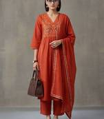 floral embroidered a-line cotton kurta & trousers sets