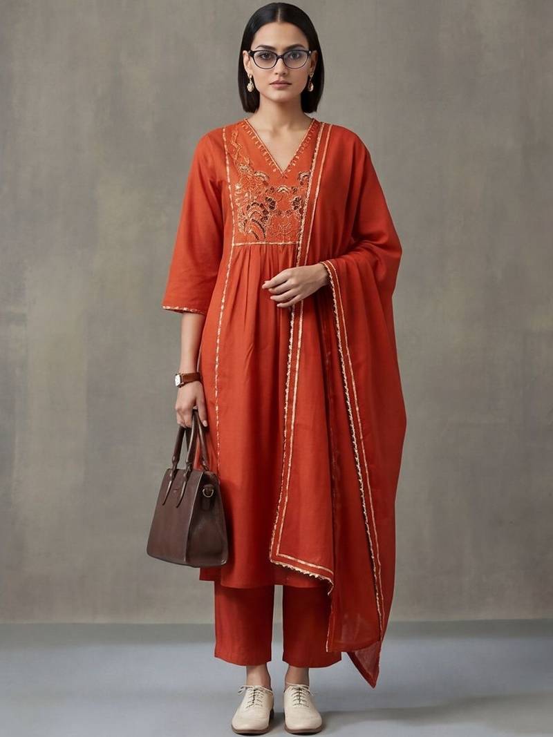 floral embroidered a-line cotton kurta & trousers sets