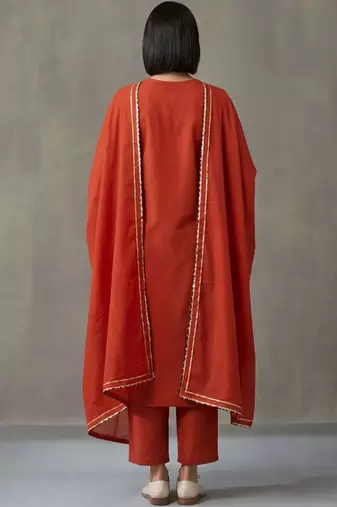 floral embroidered a-line cotton kurta & trousers sets