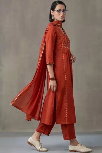 floral embroidered a-line cotton kurta & trousers sets