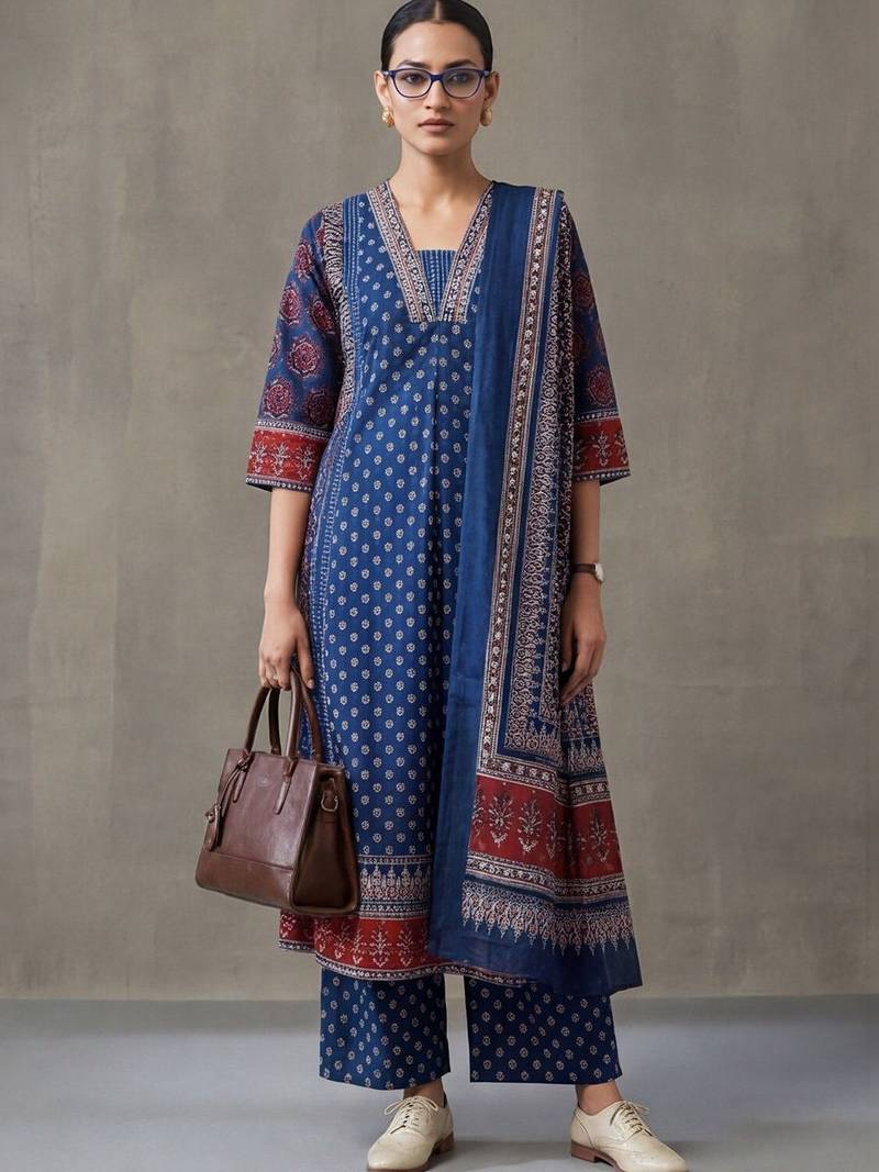 floral printed a-line cotton kurta & trousers sets