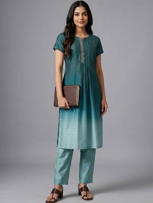 formal women ombre dyed pleated thread work kurta with trousers 1