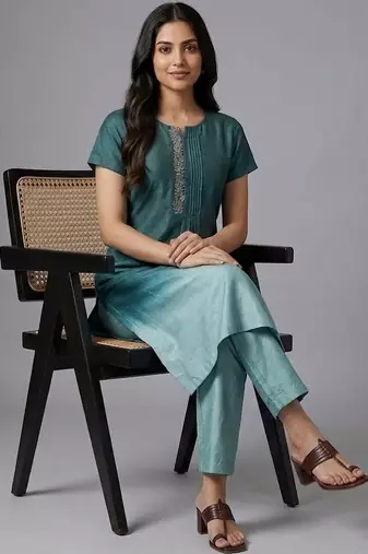 formal women ombre dyed pleated thread work kurta with trousers