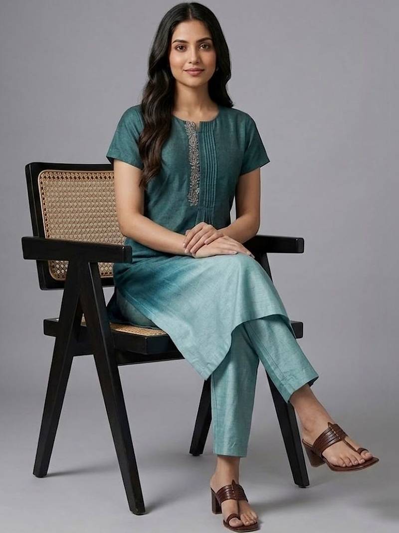 formal women ombre dyed pleated thread work kurta with trousers