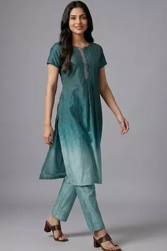 formal women ombre dyed pleated thread work kurta with trousers