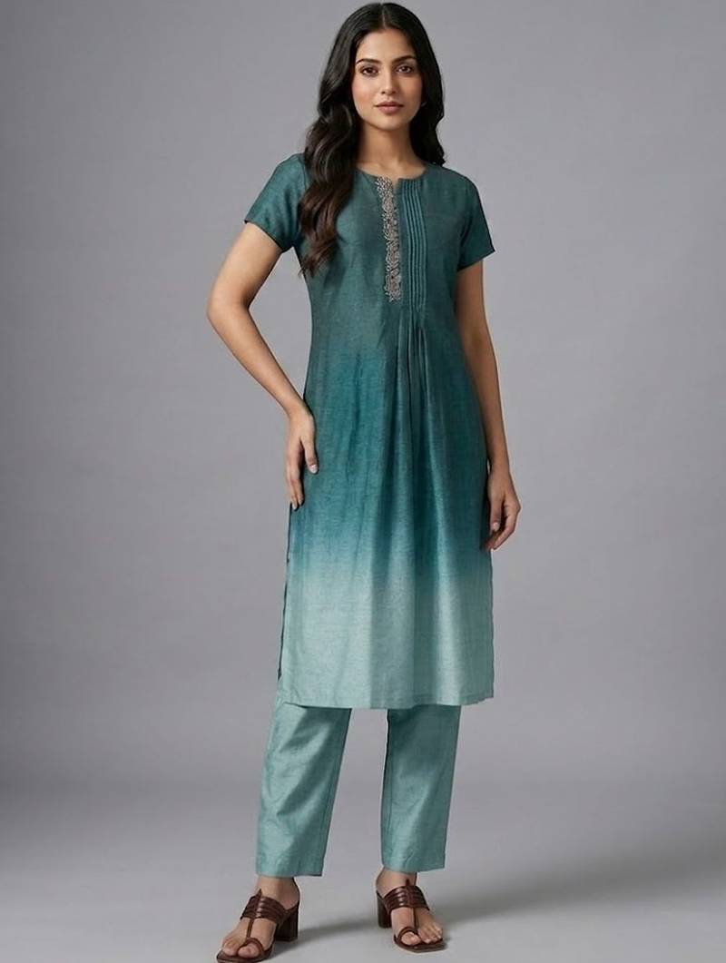 formal women ombre dyed pleated thread work kurta with trousers