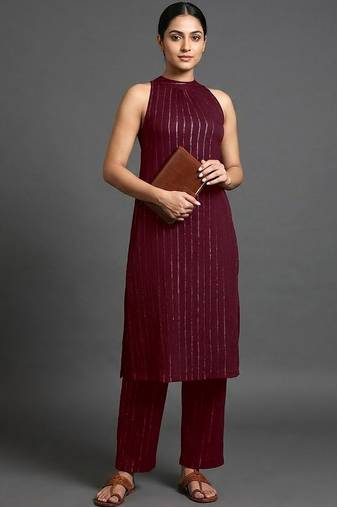 contemporary formal women striped regular silk crepe kurta with trousers