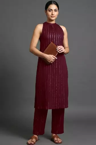 contemporary formal women striped regular silk crepe kurta with trousers