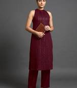 contemporary formal women striped regular silk crepe kurta with trousers