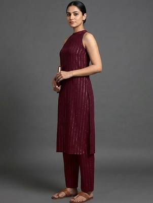 contemporary formal women striped regular silk crepe kurta with trousers 2