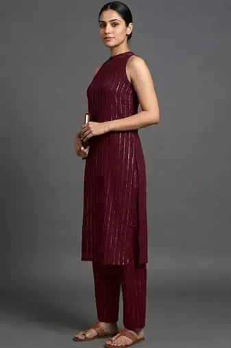 contemporary formal women striped regular silk crepe kurta with trousers