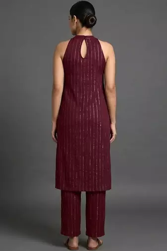 contemporary formal women striped regular silk crepe kurta with trousers