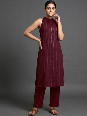 contemporary formal women striped regular silk crepe kurta with trousers 4