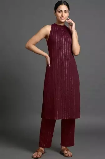 contemporary formal women striped regular silk crepe kurta with trousers