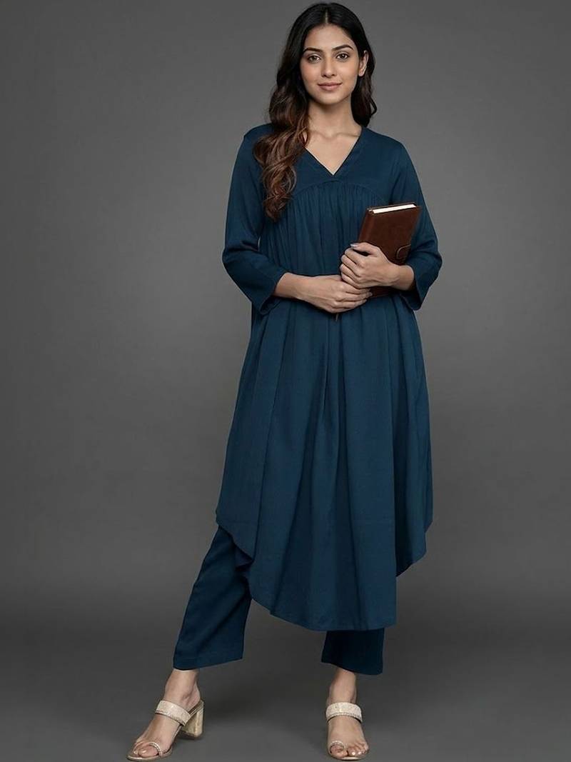 everyday classic women tiered silk crepe kurta with trousers