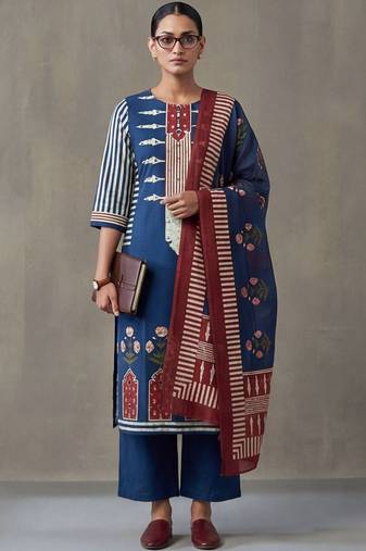 floral embroidered straight cotton kurta & trousers sets