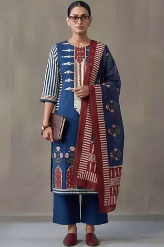 floral embroidered straight cotton kurta & trousers sets